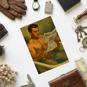 Muscle Hunk in Bathtub Oil Painting Queer Gay Art Postcard Various Sizes
