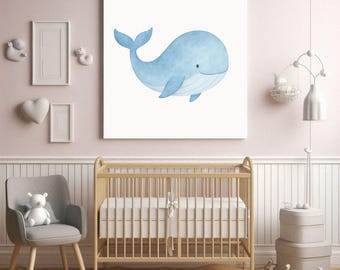 Minimalistische baby walvis aquarel print – Oceaan kinderkamer muurkunst voor nieuwe moeders digitale download