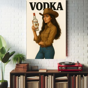 Vintage Vodka Poster – 1960s Cowgirl Western Pin-Up Art Poster Holding Vodka Bottle – Retro Bar Decor Wall Art For Kitchen Or Lounge 24 X 36
