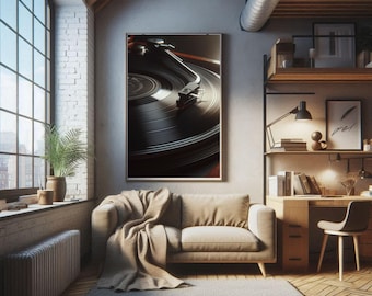 May include: A black and white photograph of a record player with a record spinning on the turntable. The photograph is framed and hanging on a wall in a modern living room.