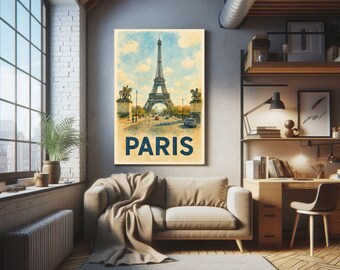 May include: A framed print featuring a watercolor illustration of the Eiffel Tower in Paris. The artwork has a vintage aesthetic with the word "PARIS" in navy blue at the bottom. The print is displayed in a living room setting.