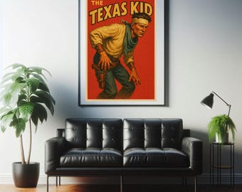 May include: Framed vintage poster titled "The Texas Kid." The artwork depicts a man in a yellow shirt, blue pants, and a bandana, with a gun holster. The background is red, and the poster is displayed above a black leather couch.