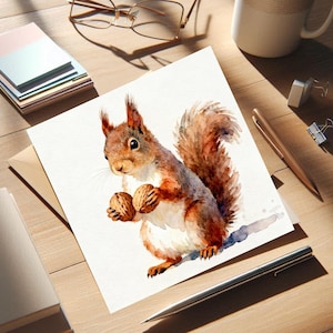 May include: Watercolor painting of a squirrel holding two walnuts. The squirrel has reddish-brown fur and a fluffy tail. The artwork is on a white paper, with a wooden desk in the background. Other items on the desk include a pen, glasses, and a coffee mug.
