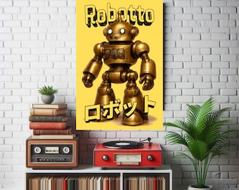 Golden Robotto Poster, Japanese Retro Robot Art Print, Oil Painting Style Mecha Decor, Futuristic Wall Art for Game Rooms and Tech Lovers