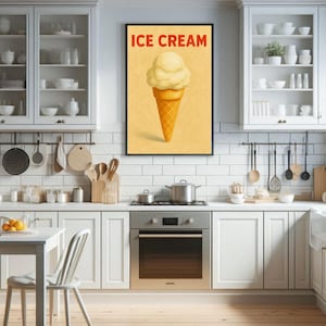 Vintage Ice Cream Poster – 1950s Soda Shop Style Wall Art – Vanilla Cone On Beige Background 24 X 36