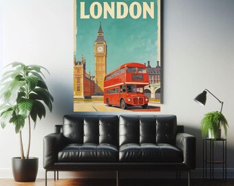 Póster de viaje de Londres estilo pintura al óleo - Impresión artística de pared vintage del autobús de dos pisos del Big Ben