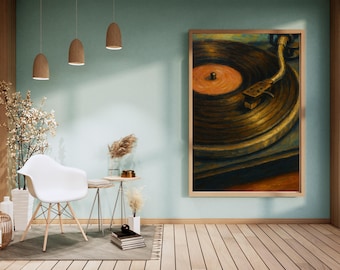 Vinyl Record Player Poster — Acrylic Style Painting Print, Retro Music Wall Art, Turntable Decor for Music Lovers, Digital Download