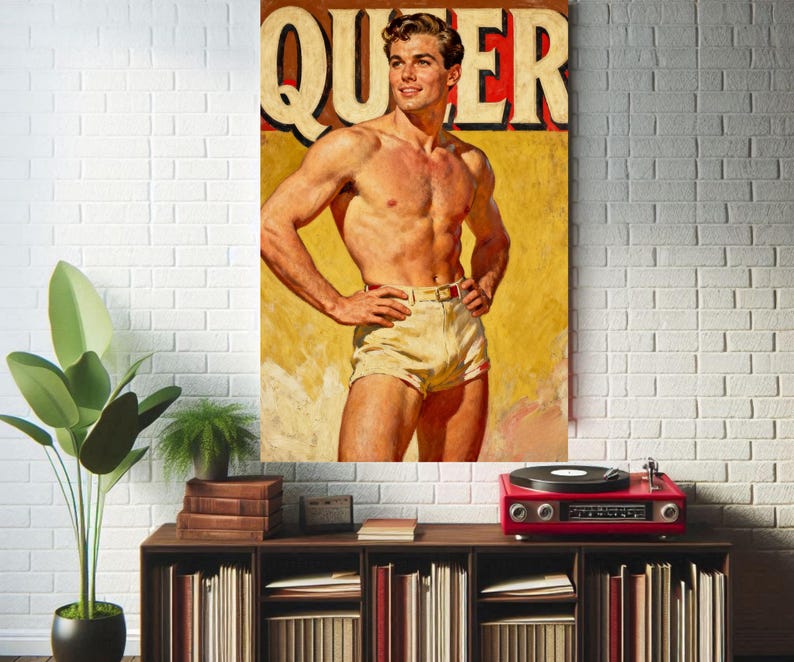 1950s Male Pinup Queer Oil Painting Poster - Vintage Gay Retro Art