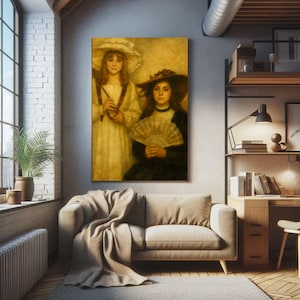 Vintage Style Oil Painting of Two Women in Victorian Dresses – Sepia Toned Portrait Poster Wall Art Instant Digital Download