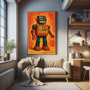 Póster de robot retro de los años 50 (impresión artística) - Ilustración vintage de robot en rojo, amarillo y negro (24 x 36)