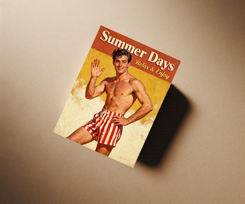 May include: A vintage-style poster with the text "Summer Days Relax & Enjoy" features a man in red and white striped shorts. The poster has a warm color palette with a yellow background and a brown border.