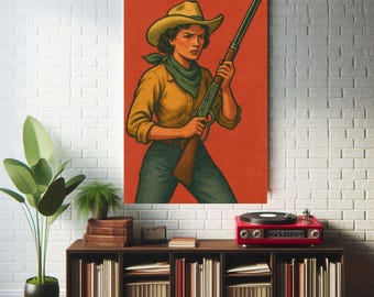 affiche vintage de fusil de cow-girl : oeuvre d'art mural western audacieux