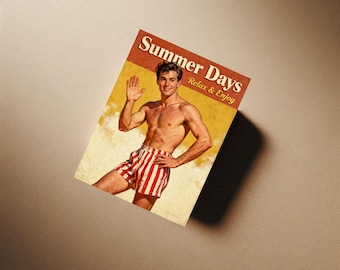 May include: A vintage-style poster with the words "Summer Days" and "Relax & Enjoy." The poster features a man in red and white striped shorts, waving with a smile. The background is a warm yellow and orange.