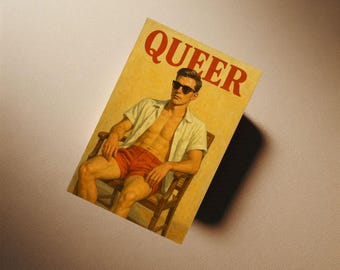Queer Vintage 1960-tals Pulp Magazine omslagsklistermärke – Retro Gay konsttryck med sommarstil manlig modell 2,52 x 3,79