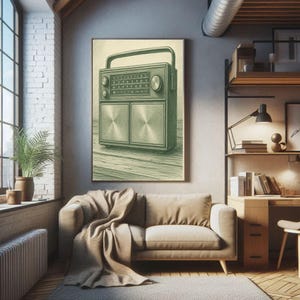 Vintage Radio Pencil Art - Retro Poster In Grün & Schwarz Poster Wall Art 24 X 36