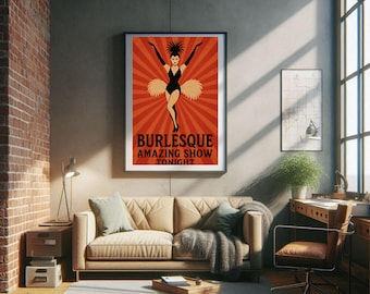 Vintage Burlesque Poster Wall Art, Retro Showgirl Print, Burlesque Amazing Show Tonight Decor
