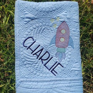 Embroidered Heirloom Baby Quilt Space Rocket Stars Boy Shower gift 36x46 choose your colors Brand New Made to Order Personalized Custom image 2