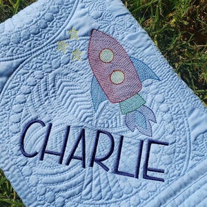 Embroidered Heirloom Baby Quilt Space Rocket Stars Boy Shower gift 36x46 choose your colors Brand New Made to Order Personalized Custom image 1