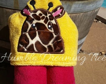 Giraffe Embroidered Hooded Towel Hot Pink Yellow Applique' Peeking Design Beach Bath Pool Summer Birthday Gift