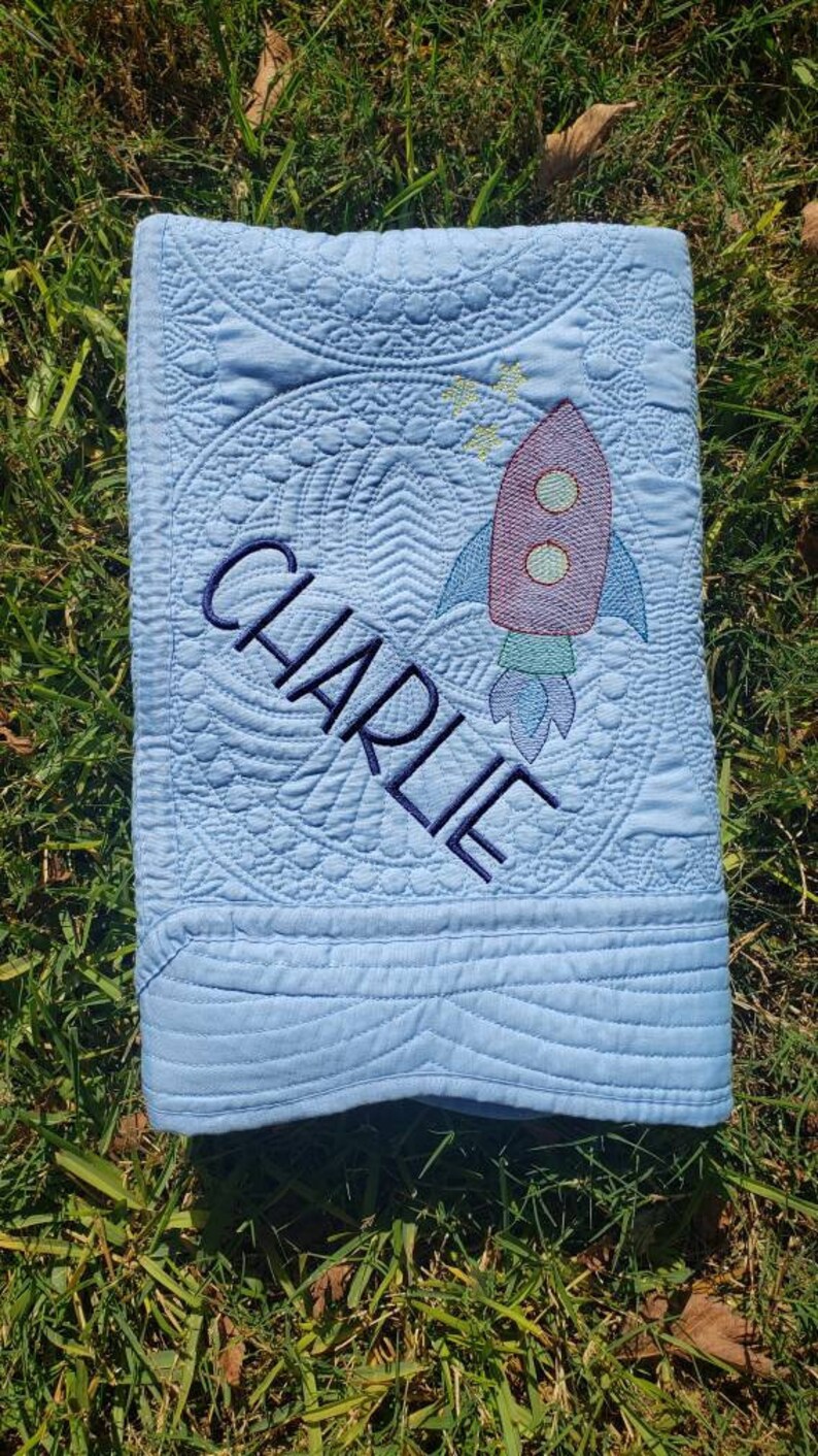 Embroidered Heirloom Baby Quilt Space Rocket Stars Boy Shower gift 36x46 choose your colors Brand New Made to Order Personalized Custom image 2