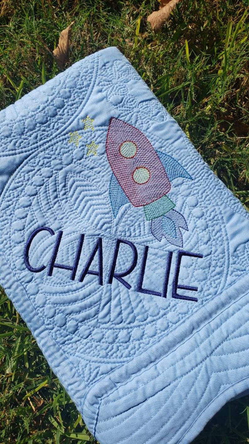 Embroidered Heirloom Baby Quilt Space Rocket Stars Boy Shower gift 36x46 choose your colors Brand New Made to Order Personalized Custom image 1