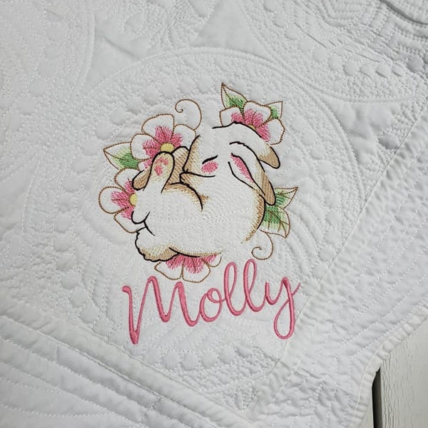 Embroidered Heirloom Sleeping Bunny Woodland Quilt Baby Girl Shower gift 36"x46" choose your colors! Brand New Made to Order Personalized