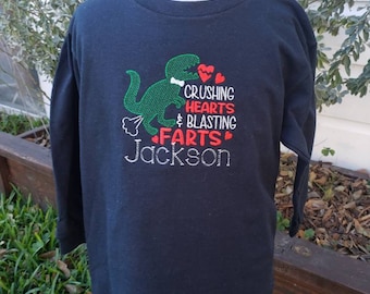 Embroidered Personalized Funny Dinosaur Valentine's Day shirt for boys or girls many sizes available Crushing Hearts and Blasting Farts