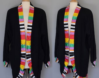 Vintage 80s Black Chenille Open Front Jacket, Rainbow Stripe Trim, Ste Jan Marie, I Magnin, Size XL to 1X, Extra Large