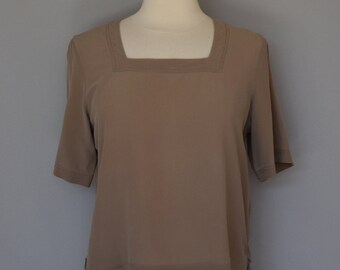 Vintage 90s Brown Silk Blouse, Minimal Short Sleeve Blouse, Mocha Brown, Vintage 1990s Silk Tee, Size L Large Petite