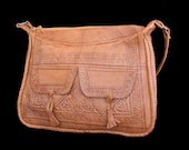 1970s Moroccan Hippie Shoulder Purse, Hand Stamped Leather Purse, Vintage 70s Bohemian Hand Tooled Bag, Goat Skin Handbag