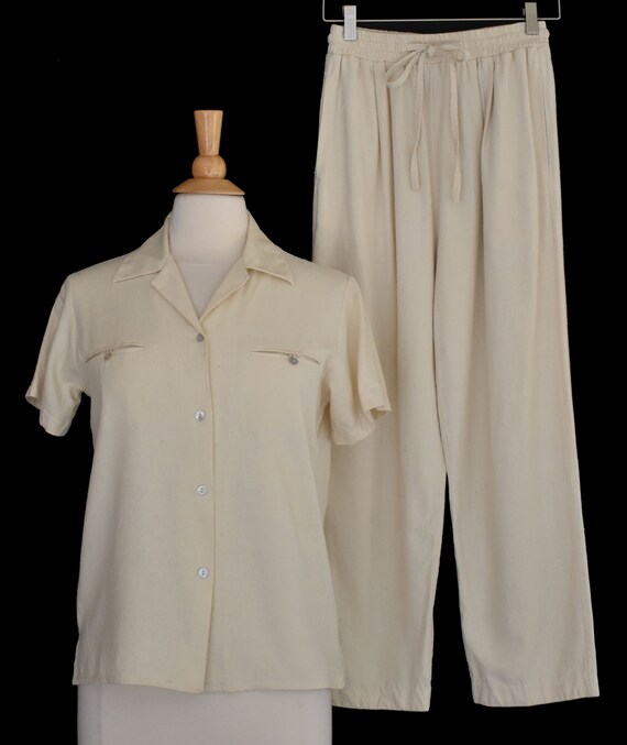 Raw Silk Pantsuit, Cream White Matched Pant Suit S