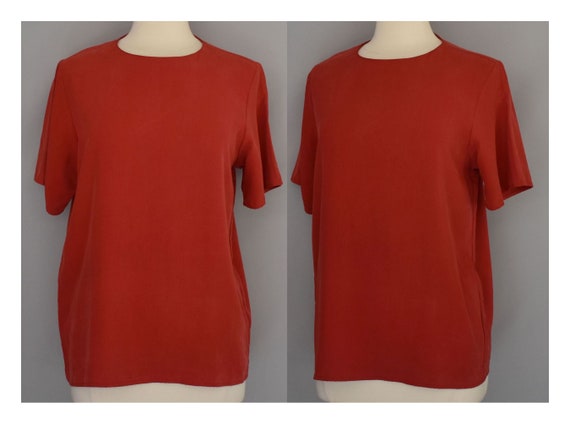 Red Silk Blouse, Minimal Short Sleeve Blouse, Vint