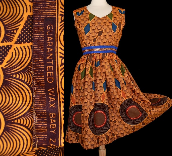 Wax Print Sun Dress, Tiki Tapa Orange Print, Vinta
