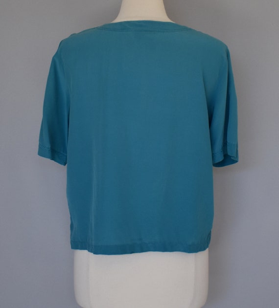 Vintage 90s Green Silk Blouse, Minimal Short Slee… - image 4