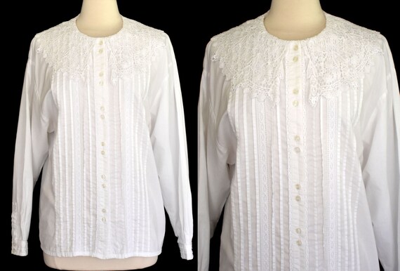 White Cotton Blouse, Lace Collar Romantic Blouse,