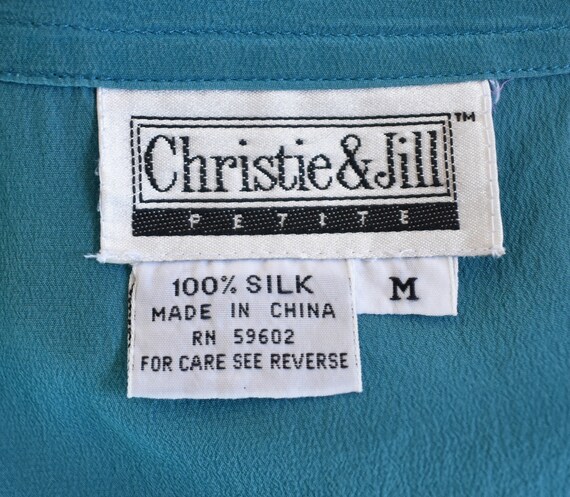 Vintage 90s Green Silk Blouse, Minimal Short Slee… - image 5