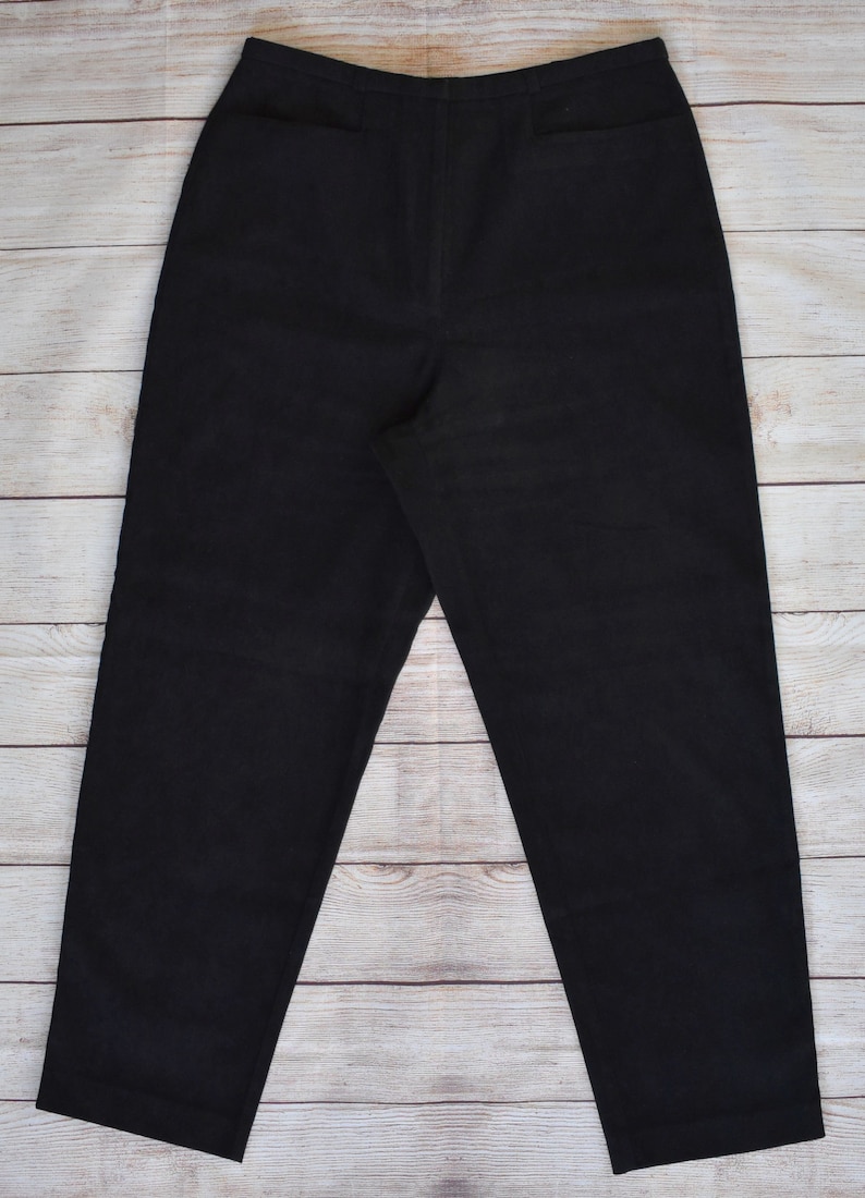 Zip Front Brushed Velvet Trousers Size 12 Black Moleskin Pants Flat Front Casual Pants