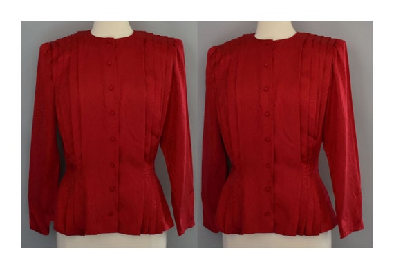 Scarlet Red Silk Blouse, Silk Jacquard Blouse, Lon