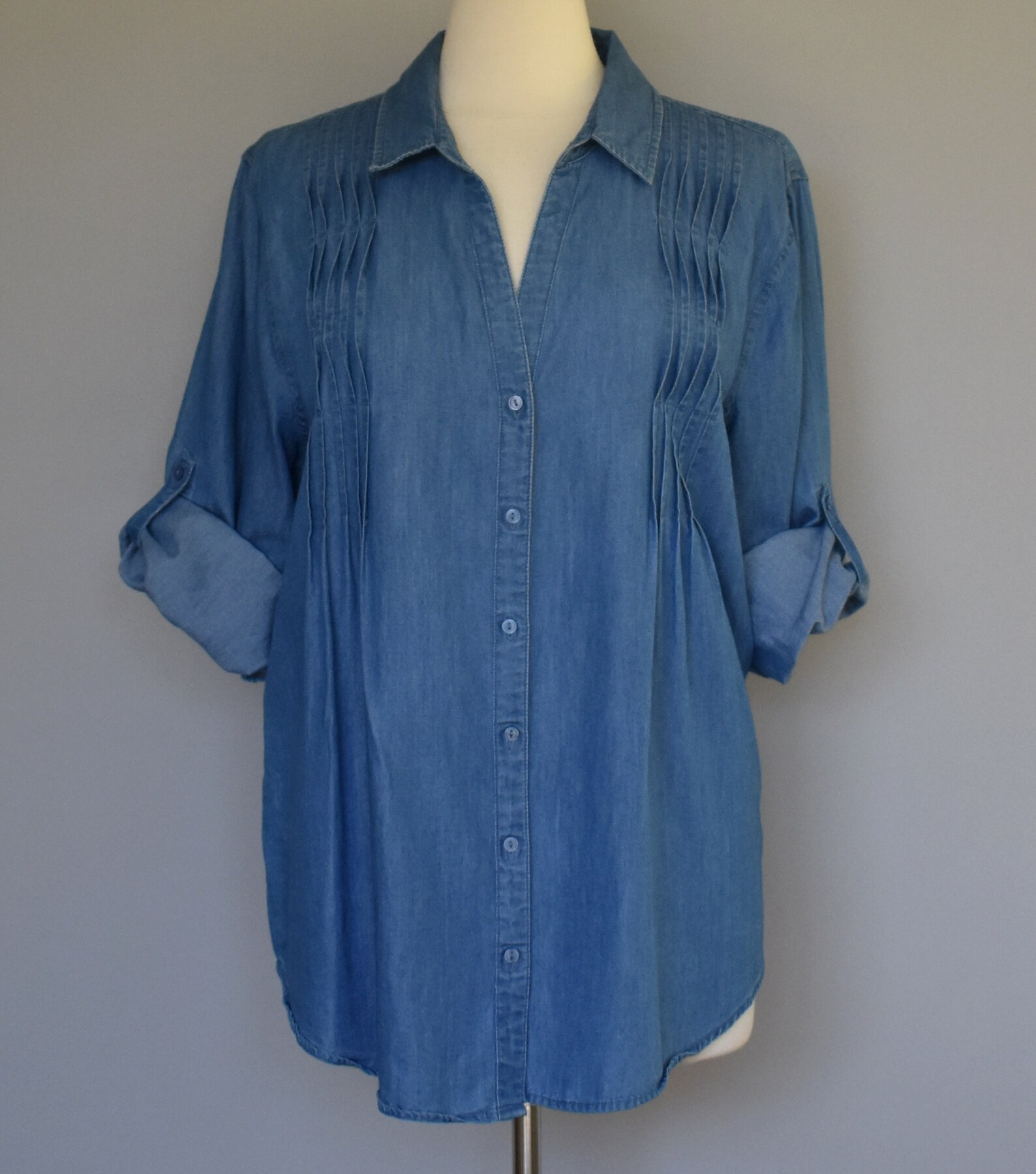 Pintucked Denim Blue Shirt Chambray Pleated Front Blouse | Etsy