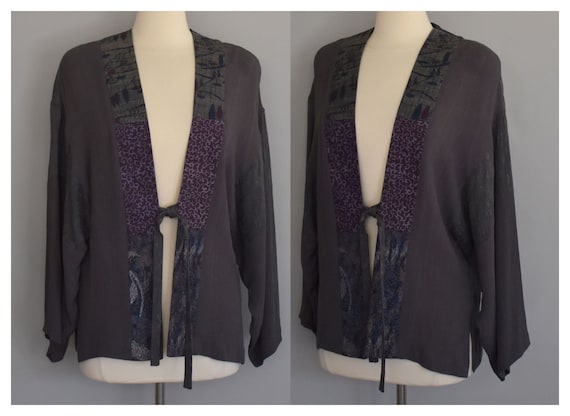 Gray Blue Rayon Tie Front Kimono Style Jacket, Kim