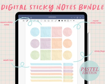 Realistic Digital Sticky Notes Sticker Bundle | Pastel Edition | Goodnotes | Noteshelf | Digital Sticky Notes and Washi Elements Pack