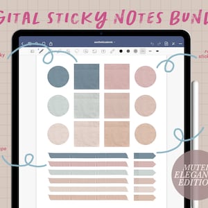 Puede incluir: Paquete de notas adhesivas digitales en colores apagados, que incluye notas adhesivas cuadradas, notas adhesivas redondas, banderas adhesivas y cinta washi. El texto "MUTED ELEGANCE EDITION" es visible en la imagen.