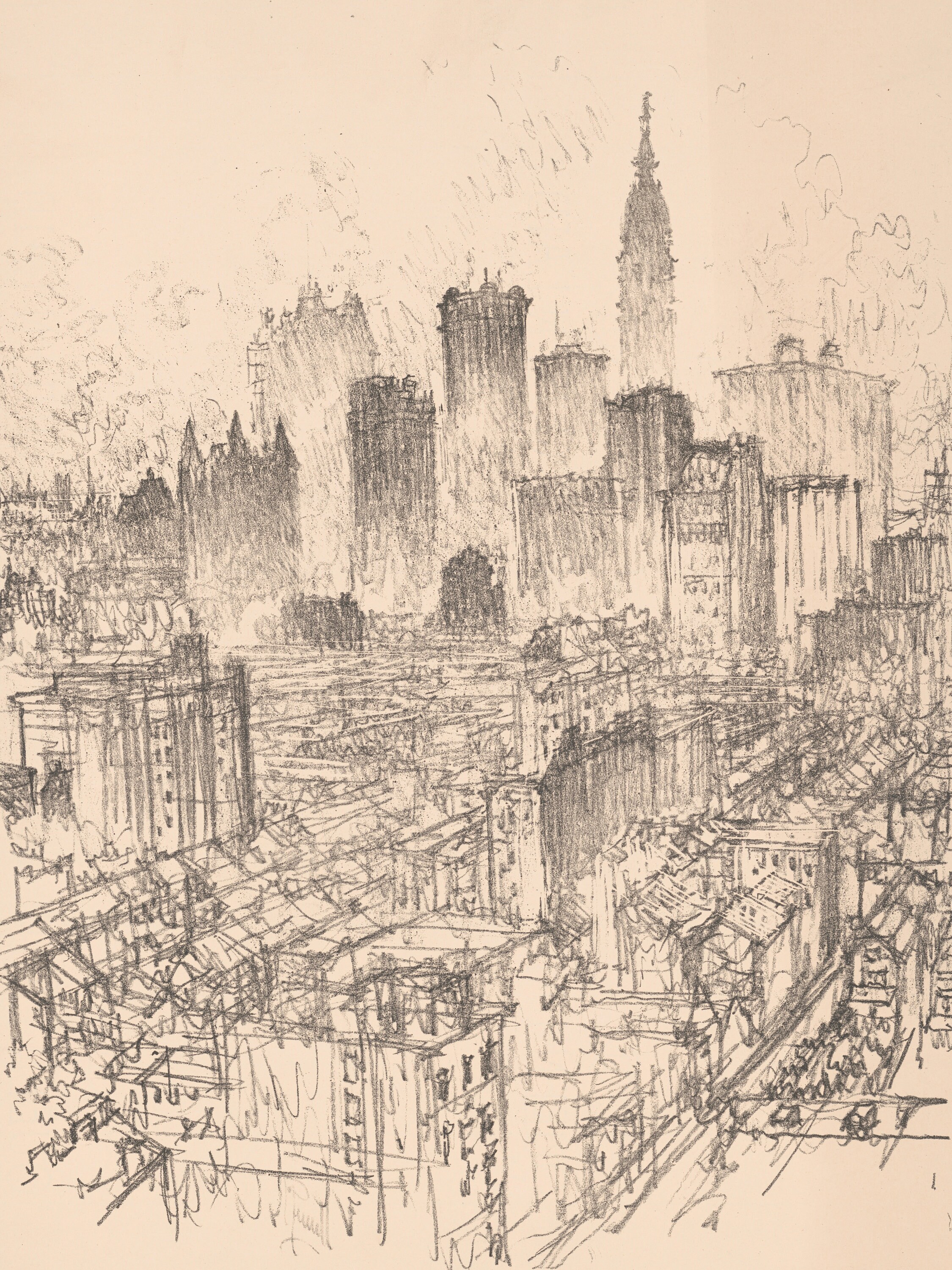 Cityscape wall art vintage large ink drawing retro skyline Etsy