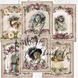 Digital Shabby Rose Frame Postcards Pink and Teal Floral Tags Vintage Fashion Ladies Shabby Printable Paper. 512