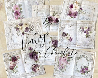 Op de afbeelding: Een set van acht vintage-stijl papierpagina's met kantversiering en bloemmotieven in tinten paars, wit en crème. De pagina's bevatten handschrift en zijn perfect voor scrapbooking, kaartmaken of andere knutselprojecten.
