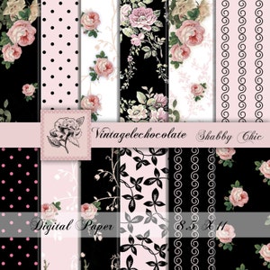 Digital Scrapbook Paper, Pink Shabby Chic  Roses, Digital Scrapbook Vintage, ,Pink and Black Digital Paper Download. No. P112.VA