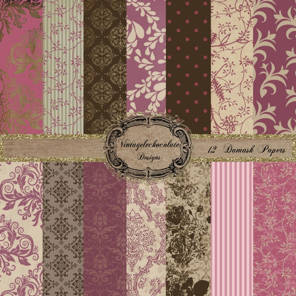 Digital Paper, Digital Scrapbook Paper, Digital Brown Shabby Rose Paper, Digital Wedding Invitation Paper. Pink.01.Damask.Rose.