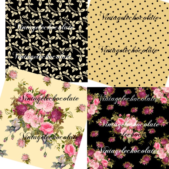 Yellow and Black Floral Paper, Digital Scrapbook Paper, Shabby Vintage Pink  Roses and Black Digital Paper, Shabby Chic Roses. P91 