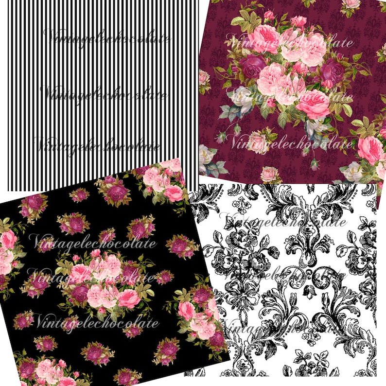 Digital Scrapbook Paper, Pink Floral Digital Papers, Pink and Black Vintage Rose Paper, Shabby Chic Floral Digital Paper. No. P90.VA image 4