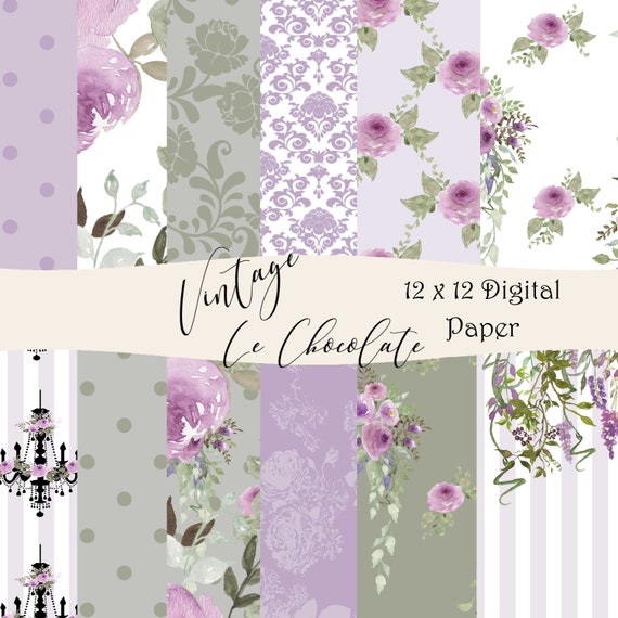 Digital scrapbook paper hand painted watercolor roses in lavenders and soft green. P193